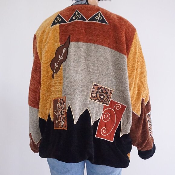 Vintage Indigo Moon Brown Tan Embroidered Patchwork Button Boho Jacket 1X - Picture 3 of 12